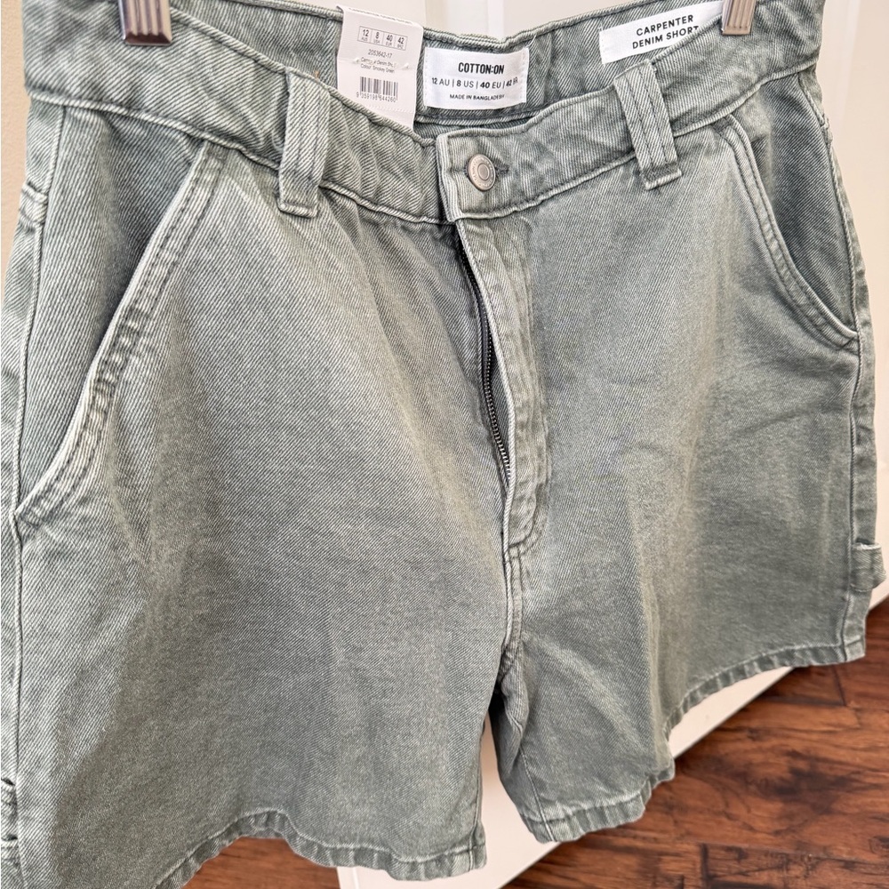 Cotton On Women’s Carpenter Denim Shorts – Size 12 – Green – Brand New With Tags